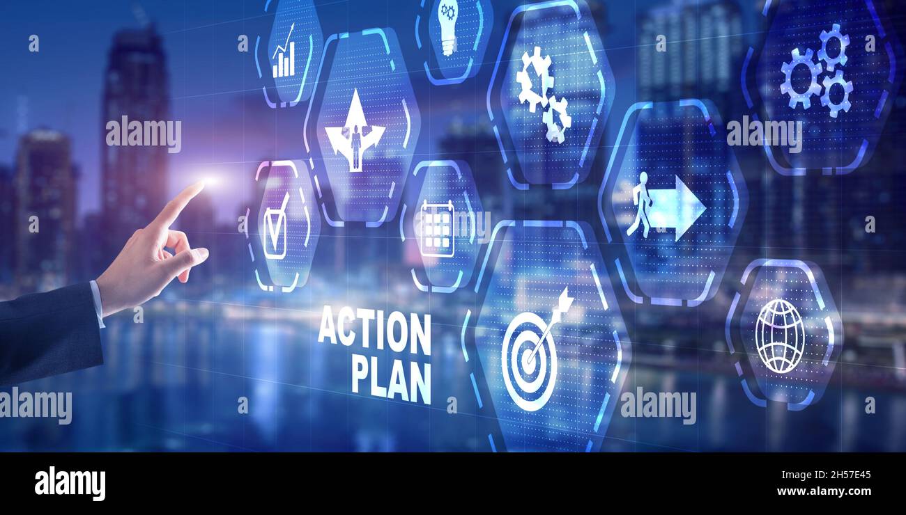 Man is drawing on virtual screen. Action plan concept. Stock Photo