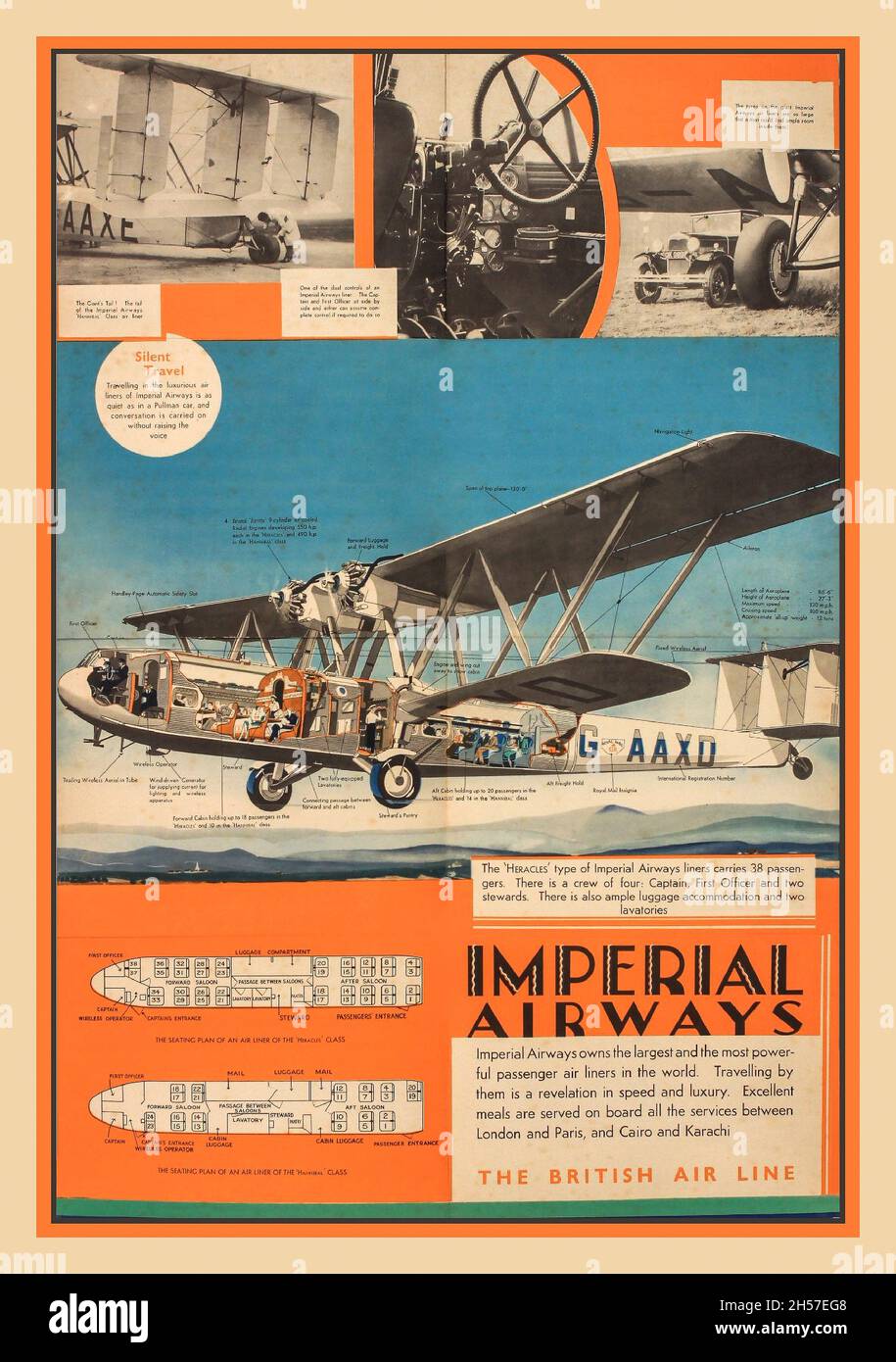 IMPERIAL AIRWAYS Vintage 1900s advertising poster for Imperial Airways, 'The British Air Line' services between London Paris Cairo and Karachi  Imperial Airways was the early British commercial long-range airline, operating from 1924 to 1939 and principally serving the British Empire routes to South Africa, India and the Far East, including Australia, Malaya and Hong Kong. Stock Photo
