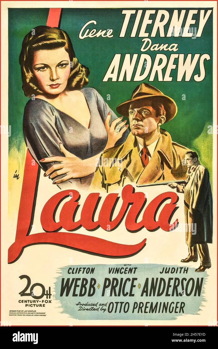 LAURA Vintage Movie Film Poster 1940s Laura is a 1944 American film noir produced and directed by Otto Preminger. It stars Gene Tierney, Dana Andrews, and Clifton Webb along with Vincent Price and Judith Anderson. The screenplay by Jay Dratler, Samuel Hoffenstein, and Betty Reinhardt is based on the 1943 novel Laura by Vera Caspary. Stock Photo