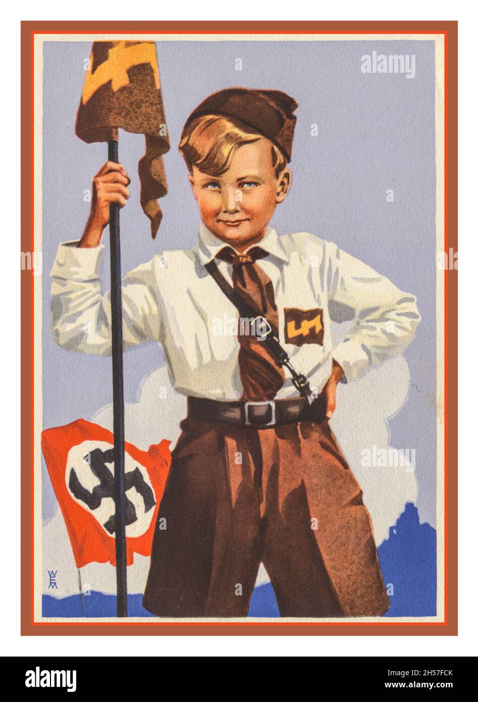 1930s HitlerJugend Hitler Youth European Propaganda Poster featuring a young boy 6-8 years in uniform, Wolfsangel emblem Swastika flag Verlag Zeitschrift MAR Historical with Nazi Germany swastika flag flying behind. Stock Photo