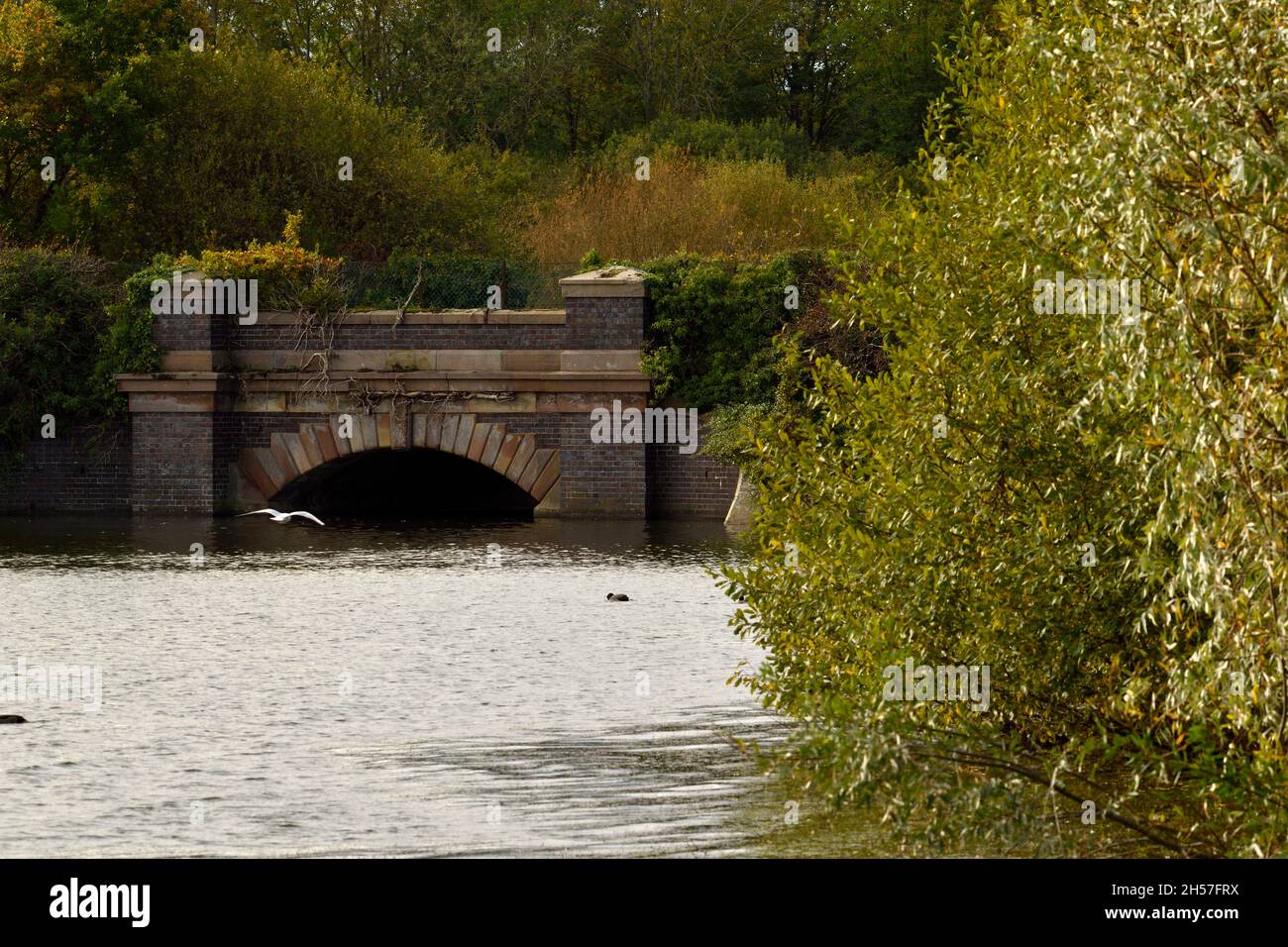 Stone built arch bridge carrying a road over a lake Stock Photo