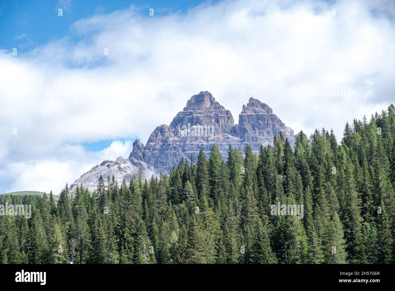Panorama view of Tre Cime di Lavaredo from Misurina lake in Dolomites, Italy in summer Stock Photo