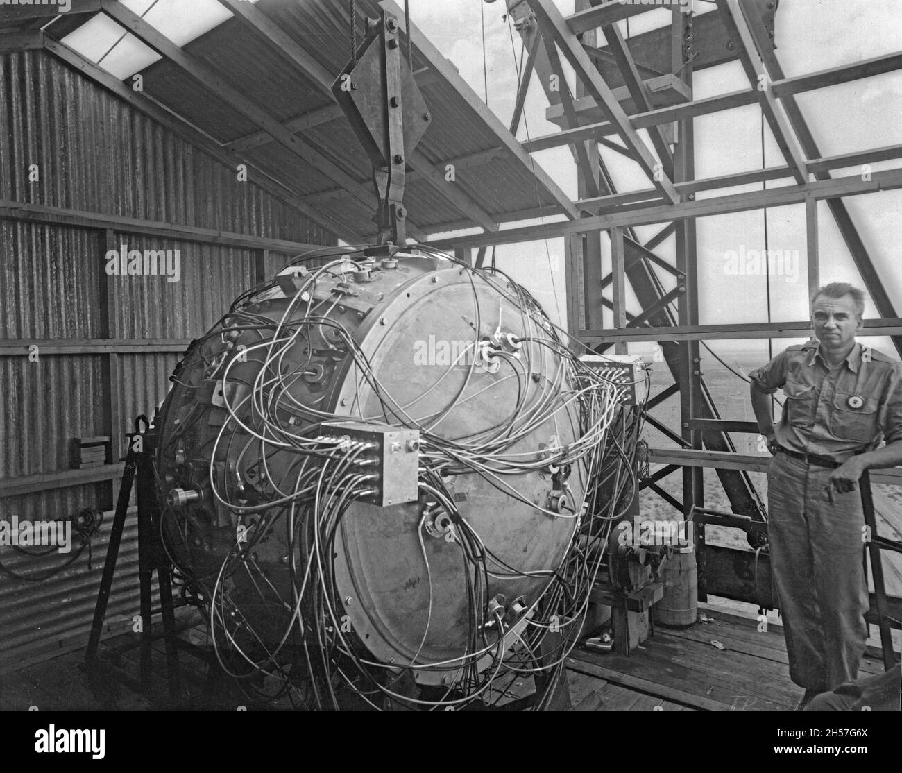The world's first atom bomb ready to go on top of the tower at the Trinity test site. Stock Photo