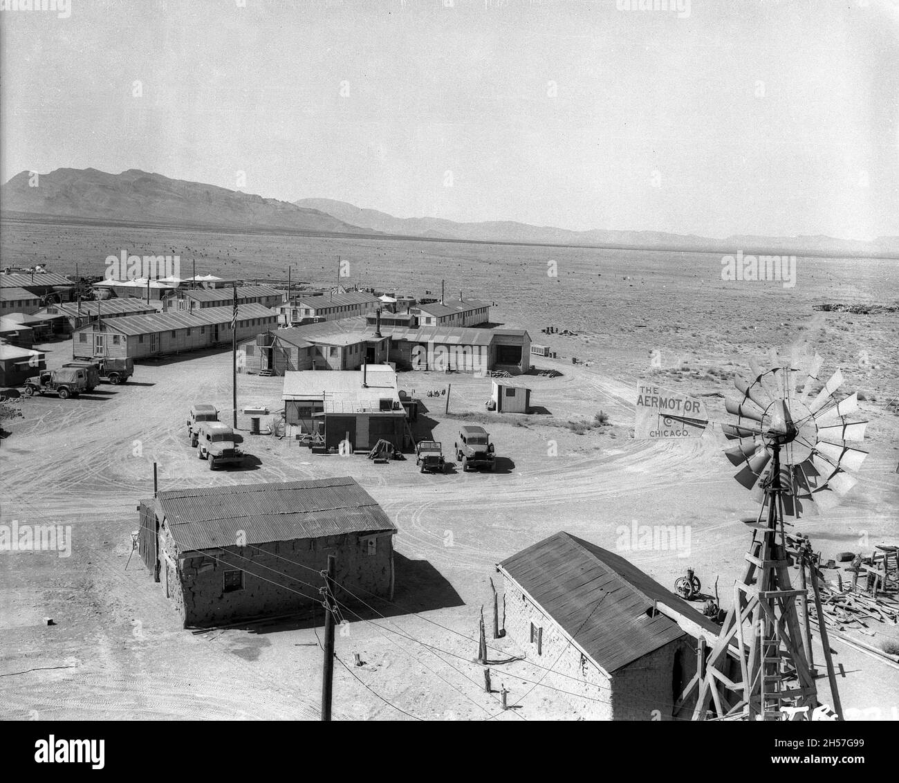 The base camp at the Trinity atomic bomb test site. Stock Photo
