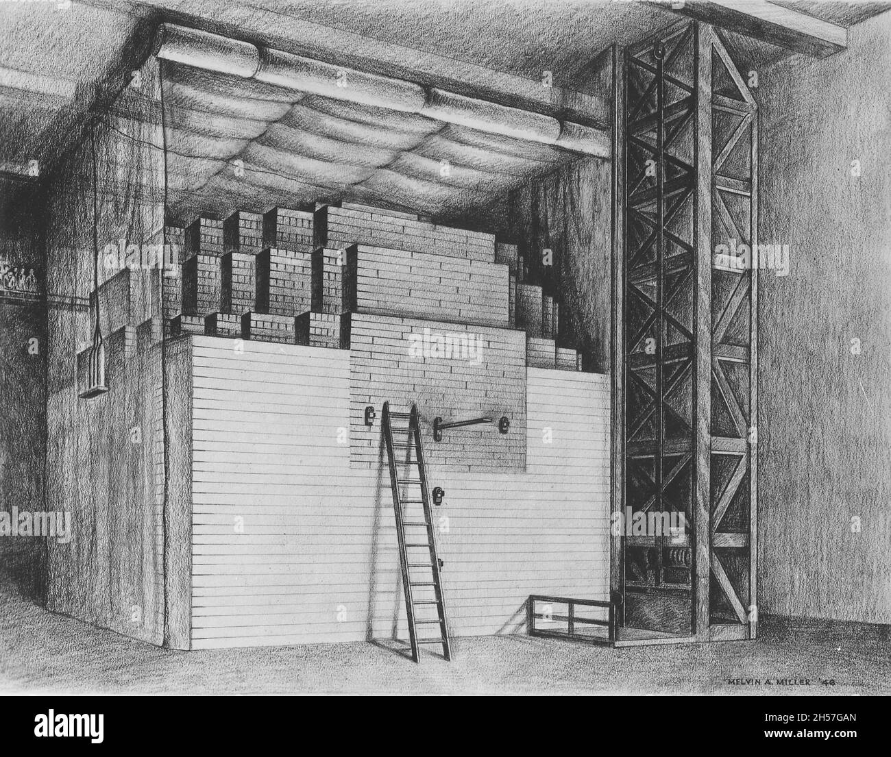 During the Manhattan Project the team built 29 exponential piles (nuclear reactors) to study the radioactivity of Uranium. Stock Photo