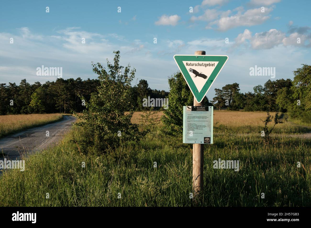 German sign at the Brachenleite integral nature reserve and former military training ground near Tauberbischofsheim. Stock Photo