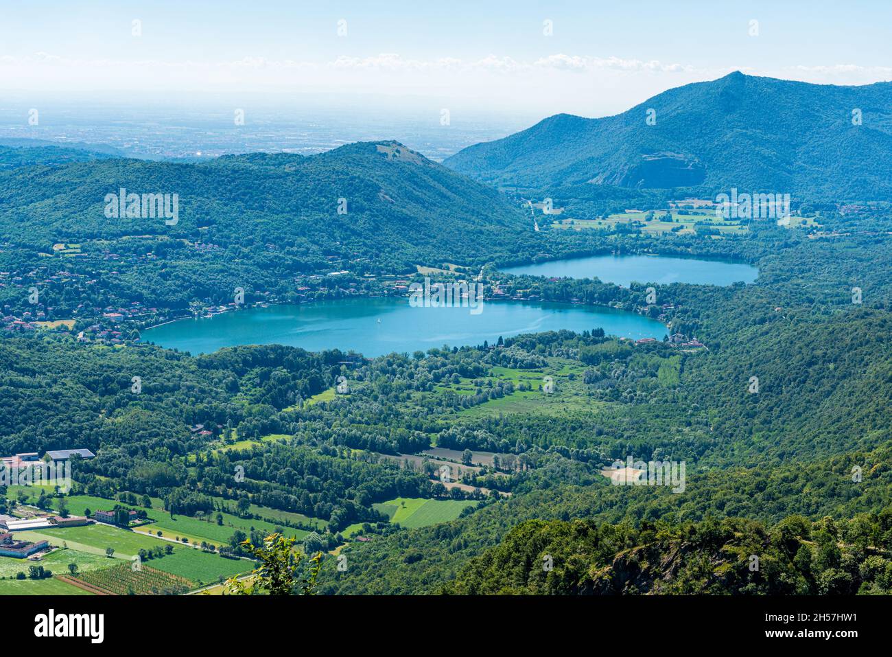 Avigliana Lakes as seen from the Sacra di San Michele (Saint Michael's Abbey). Province of Turin, Piedmont, Italy. Stock Photo