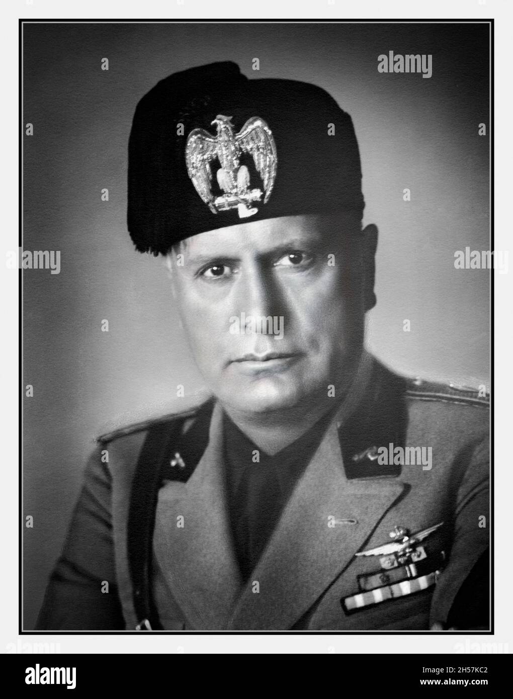 Benito Mussolini World War II 1940 studio portrait in uniform.  (1883–1945) 1940 Benito Amilcare Andrea Mussolini, who went by the nickname “Il Duce” (“the Leader”), was an Italian dictator who created the Fascist Party in 1919 and eventually held all the power in Italy as the country’s prime minister from 1922 until 1943. An ardent socialist as a youth, Mussolini followed in his father's political footsteps but was expelled by the party for his support of World War I. As dictator during World War II, he overextended his forces and was eventually killed by his own people in Mezzegra, Italy. Stock Photo