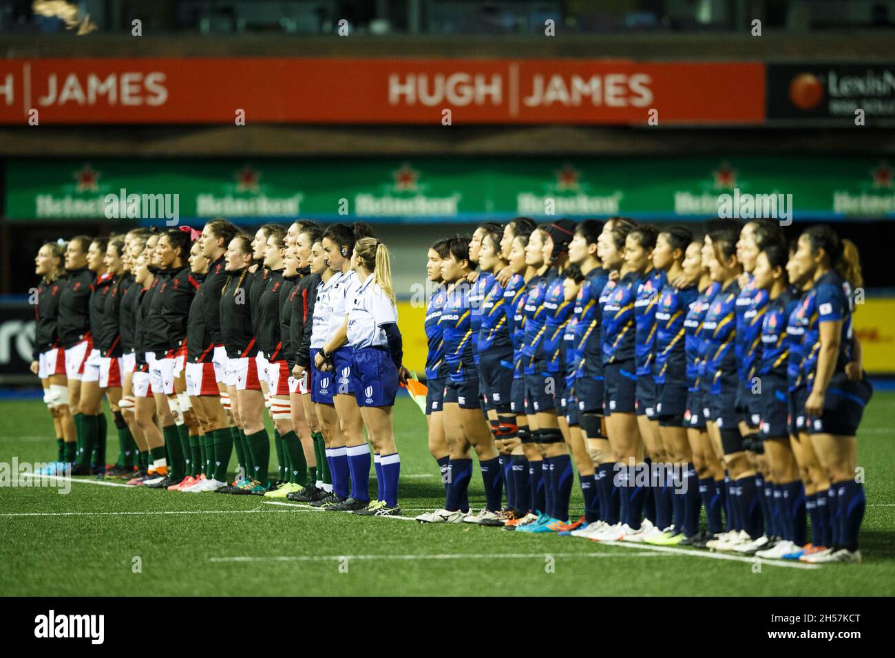 Cardiff, UK. 7 November, 2021. The teams line up for the anthems before the Wales Women v Japan Women Rugby Match. Credit: Gruffydd Thomas/Alamy Stock Photo