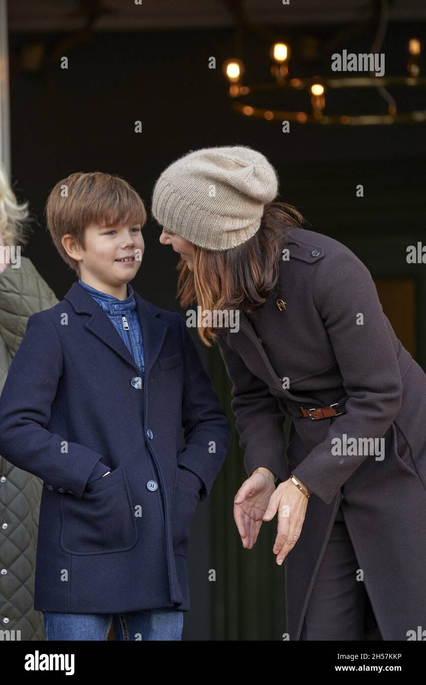 Crown Princess Mary handles the award of Crown Princess Mary's honorary  award in connection with the "Huberus hunting" in Dyrehaven north of  Copenhagen, Denmark, on November 07, 2021. The Hubertus hunt is