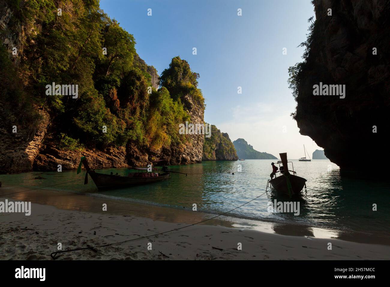 Coastline of thailand gulf with mountains rising from sea. Stock Photo