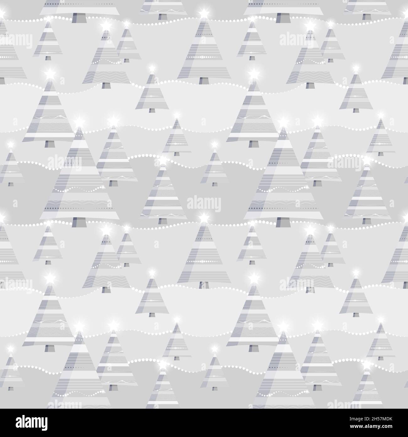 Seamless repeating pattern. Elegant christmas giftwrap paper in white and gray with chistmas trees. Stock Vector