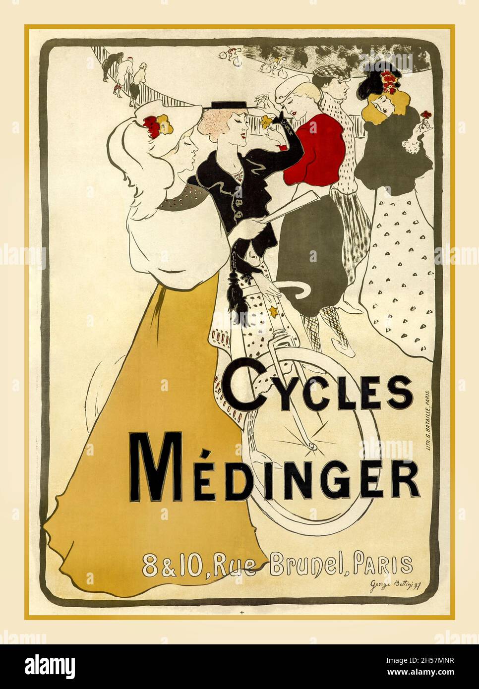 CYCLES MEDINGER PARIS 1890s French Archive Retro Vintage Bicycle Advertising Lithograph Poster by George Alfred Bottini (1874 - 1907)  Cycles Médinger. 1897. 8-10 Rue Brunel Paris France Stock Photo