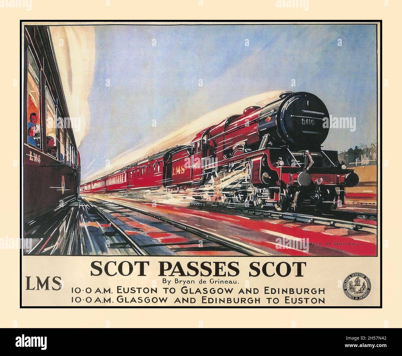 Vintage ‘SCOT PASSES SCOT’ 1937 Steam Railway Poster by Bryan de Grineau who created the artwork for this 1937 vintage steam railway poster. It features two red LMS steam locomotives passing one another at high speed, produced for London Midland & Scottish Railway (LMS) to promote services between Edinburgh, Glasgow and London Euston stations. Stock Photo