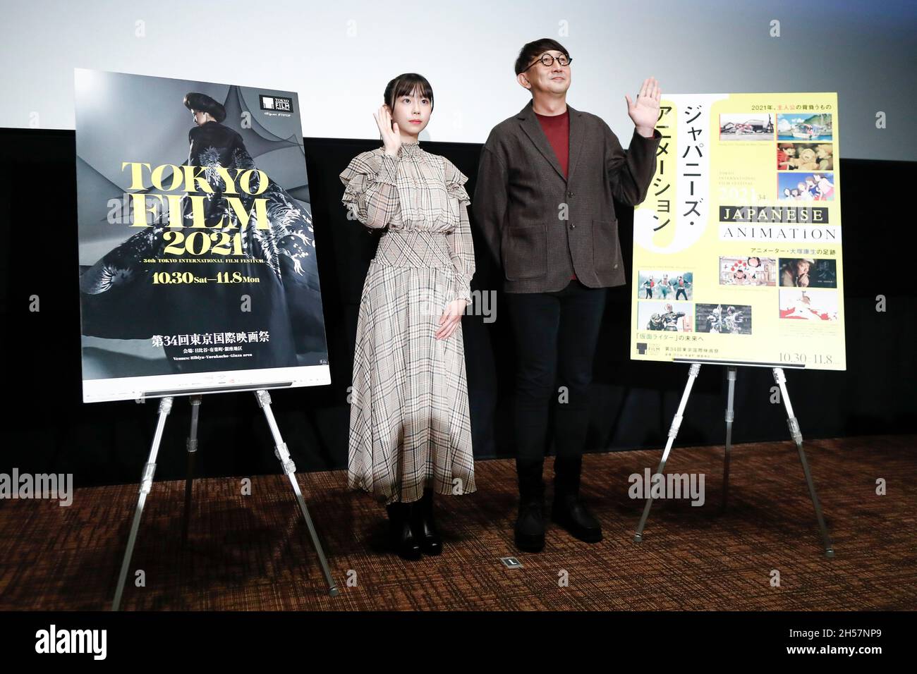 November 7, 2021, Tokyo, Japan: (L to R) Voice actor Izumi Ishii and  director Ayumu Watanabe pose for the cameras during a talk show for the  film 'Fortune Favors Lady Nikuko' during
