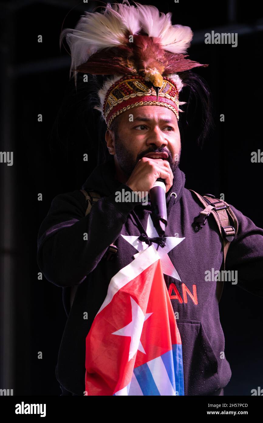 Raki Ap, West Papuan climate activist speaking on stage at the end of the Fridays for Future march on COP26 Youth and Public Empowerment Day, Glasgow Stock Photo