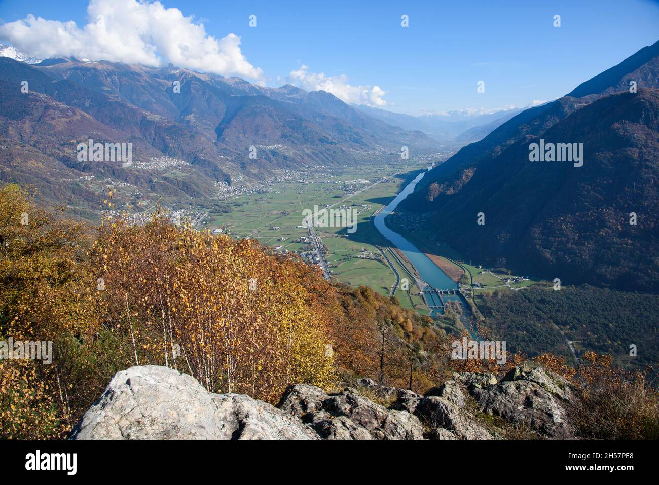 Vanoramic view of the medium Valtellina valley, Sondrio province, Lombardy, Italy Stock Photo