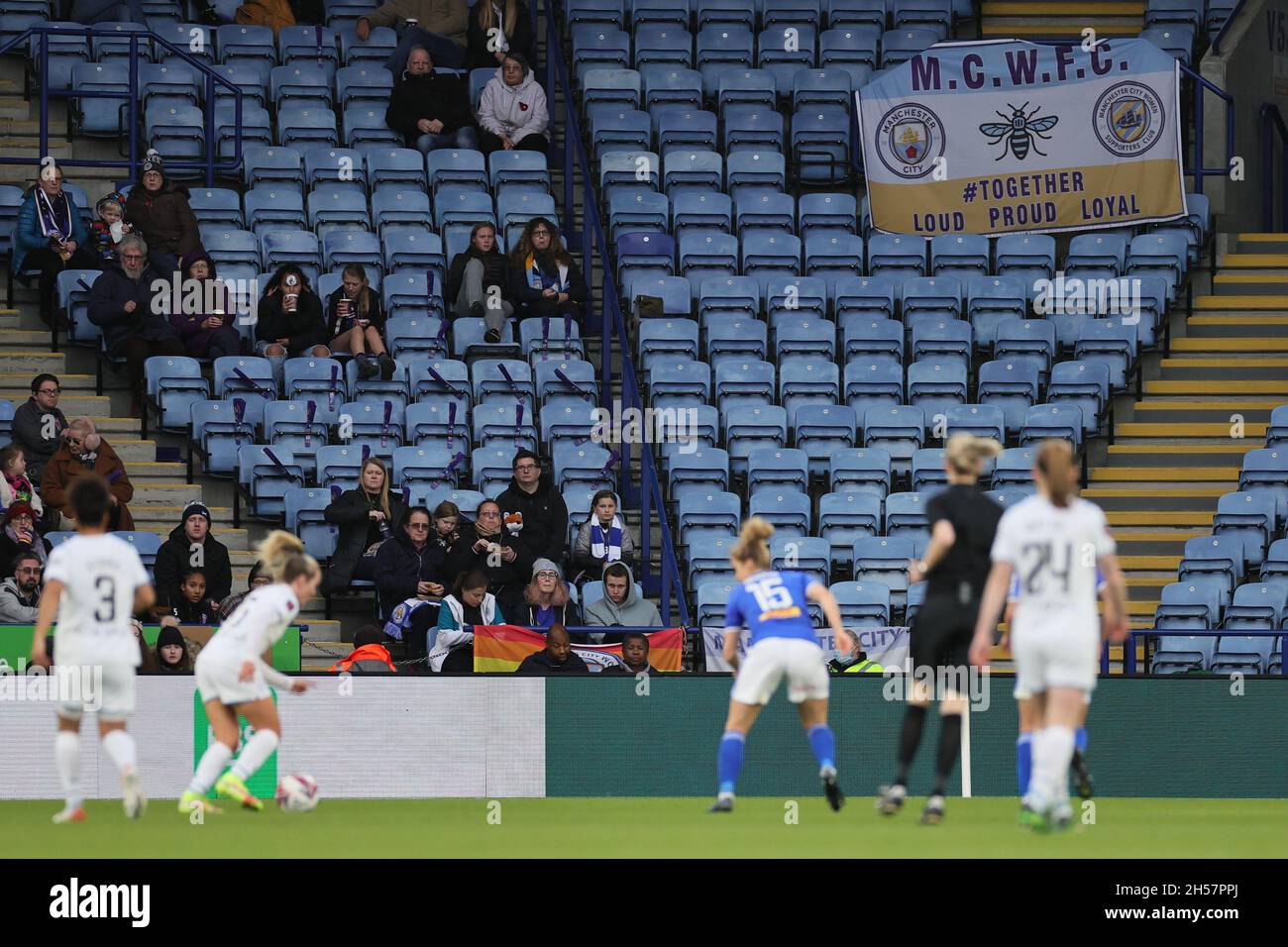 LEICESTER, GBR. 7TH NOV 2021. A Manchester City WomenÕs FC banner is seen in the stadium during the Barclays FA Women's Super League match between Leicester City and Manchester City at the King Power Stadium, Leicester on Sunday 7th November 2021. (Credit: James Holyoak | MI News) Credit: MI News & Sport /Alamy Live News Stock Photo