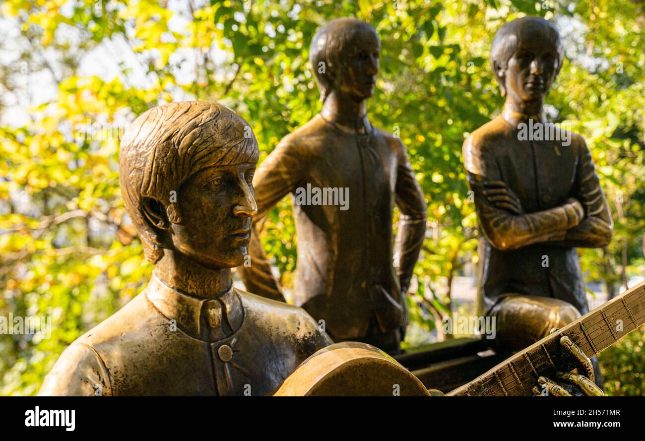 The Beatles, Liverpool four statues set on the premises of Kok-Tobe mountain in Almaty, Kazakhstan, Central Asia Stock Photo