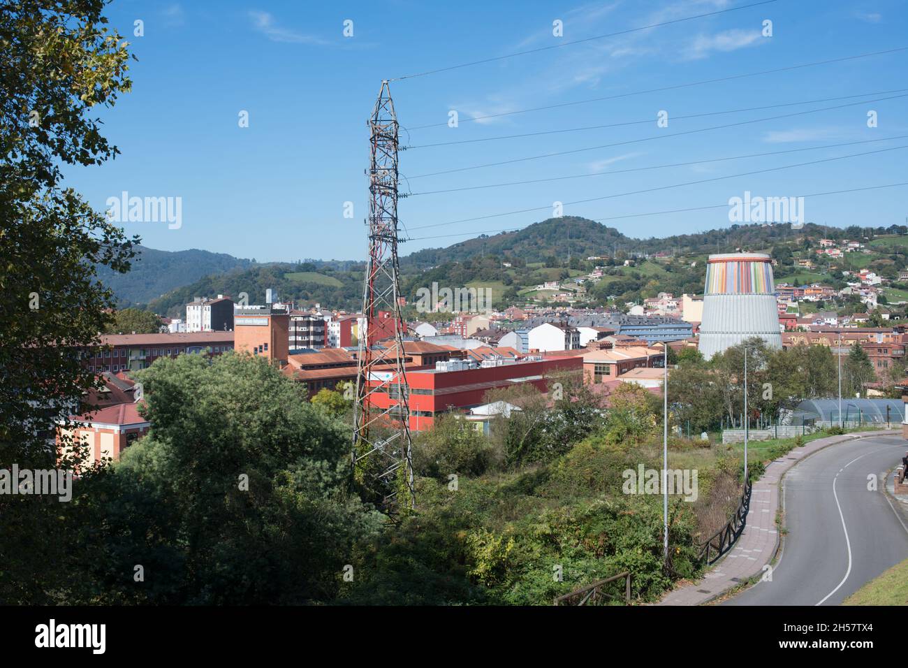 Aerial view of La Felguera, an asturian industrial town. The old industrial colorful tower is nowadays an important Museum, MUSI. Langreo, Asturias Stock Photo