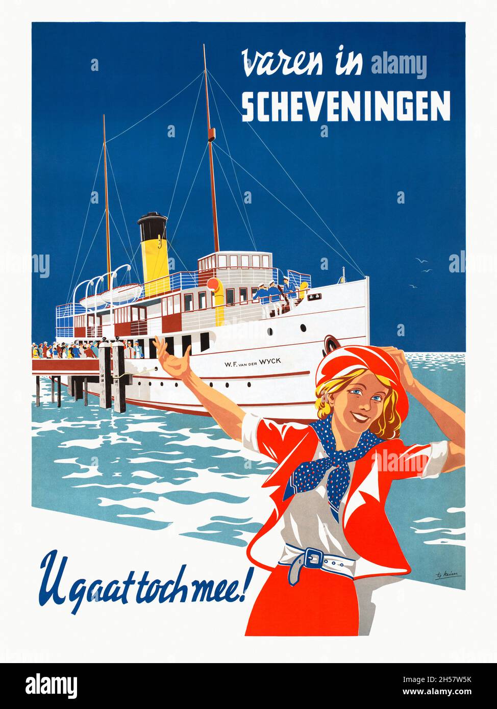 Varen in Scheveningen. U gaat toch mee! by Tj. Keizer (dates unknown). Restored vintage poster published in 1947 in the Netherlands. Stock Photo