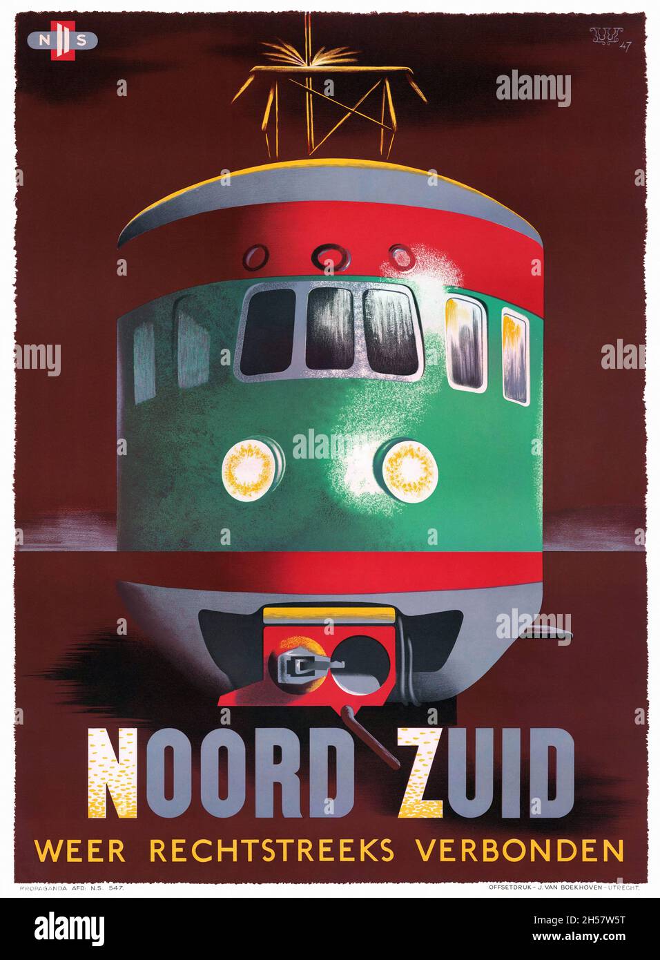 Noord Zuid weer rechtstreeks verbonden by Fedde Weidema (1915-2000). Restored vintage poster published in 1947 in the Netherlands. Stock Photo