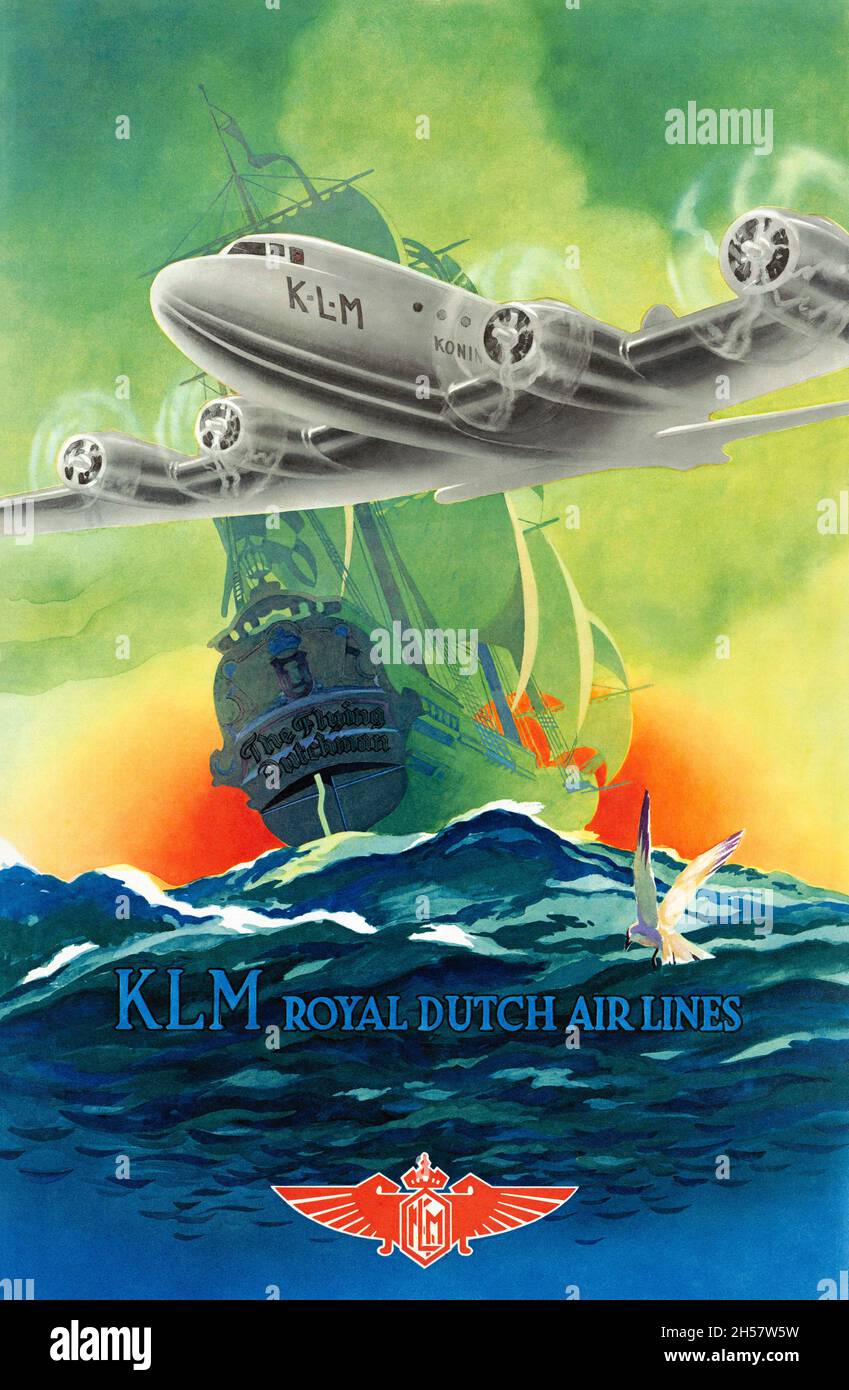 KLM Royal Dutch Airlines. The Flying Dutchman by Arjen Galema (1886-1974).  Restored vintage poster published in 1934 in the Netherlands. Stock Photo