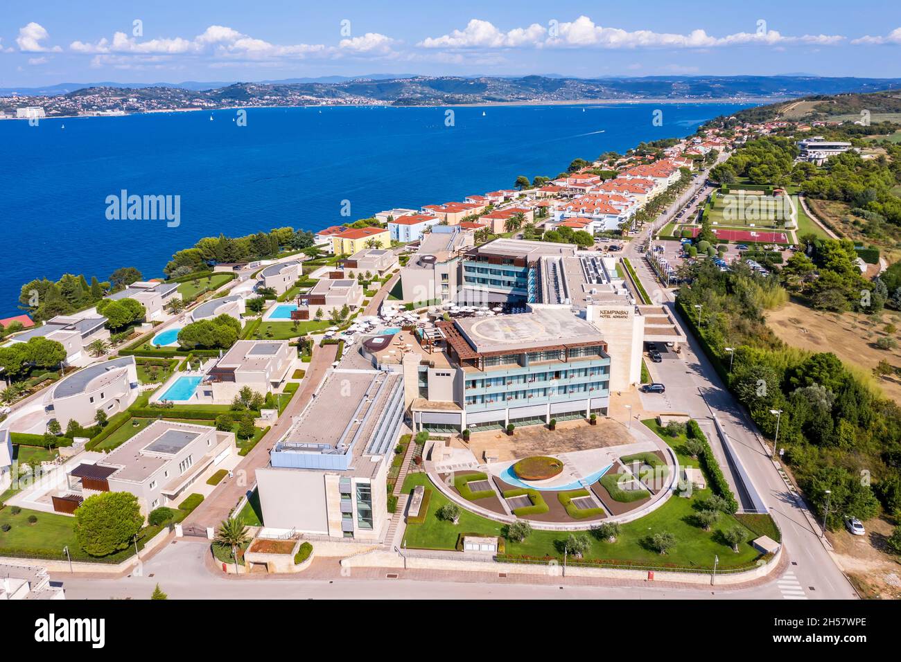 SAVUDRIJA, CROATIA - AUGUST 21, 2021 - An aerial view of modern and luxury Kempinski Hotel Adriatic in Savudrija, Istria, Croatia Stock Photo