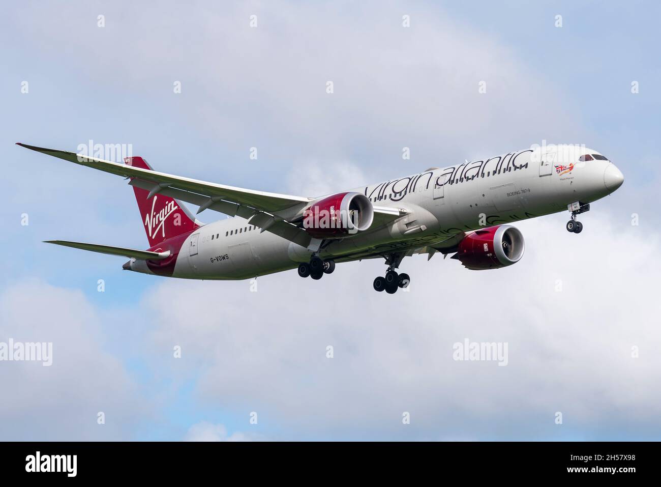 Virgin Atlantic Boeing 787 Dreamliner airliner jet plane G-VOWS on approach to land at London Heathrow Airport, UK. Named Maid Marian Stock Photo