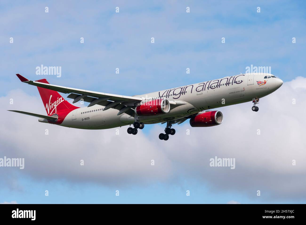 Virgin Atlantic Airways Airbus A330 airliner jet plane G-VKSS on approach to land at London Heathrow Airport, UK. Named Mademoiselle Rouge Stock Photo