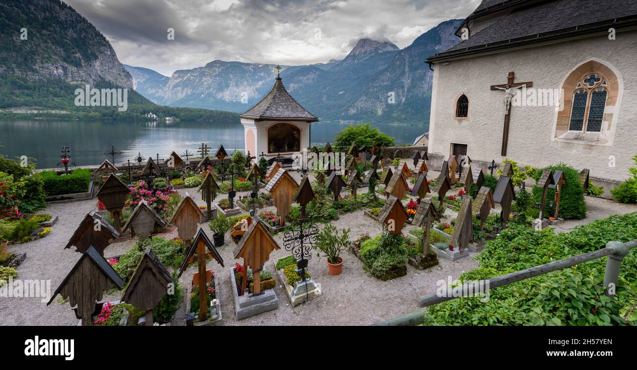 HALLSTATT, AUSTRIA - July,19 2020 : traditional Austrian village of Hallstatt. Hallstatt is historical village located in Austrian Alps . Stock Photo