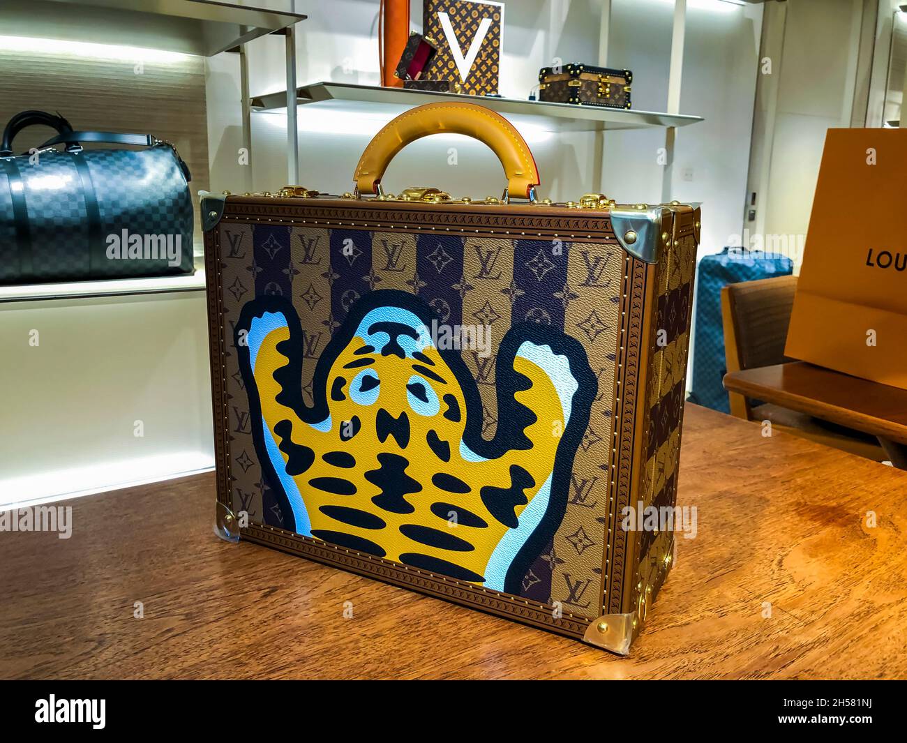 Paris, France, Luxury Consumer Goods on Display inside Louis Vuitton Luxury Clothing Store, louis vuitton bags, Rich Products luggage Stock Photo