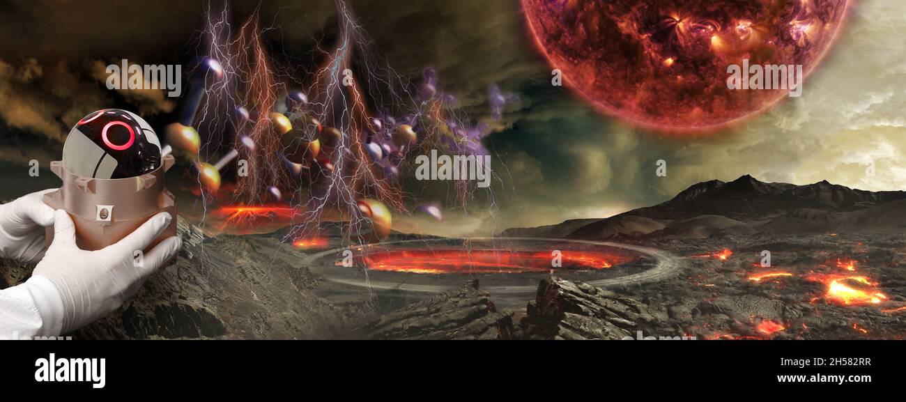 Sowing the molecules of life on alien planet. Sci-fi collage with alien landscape and hands bringing bacteria. Theory of the origin of life. Elements Stock Photo