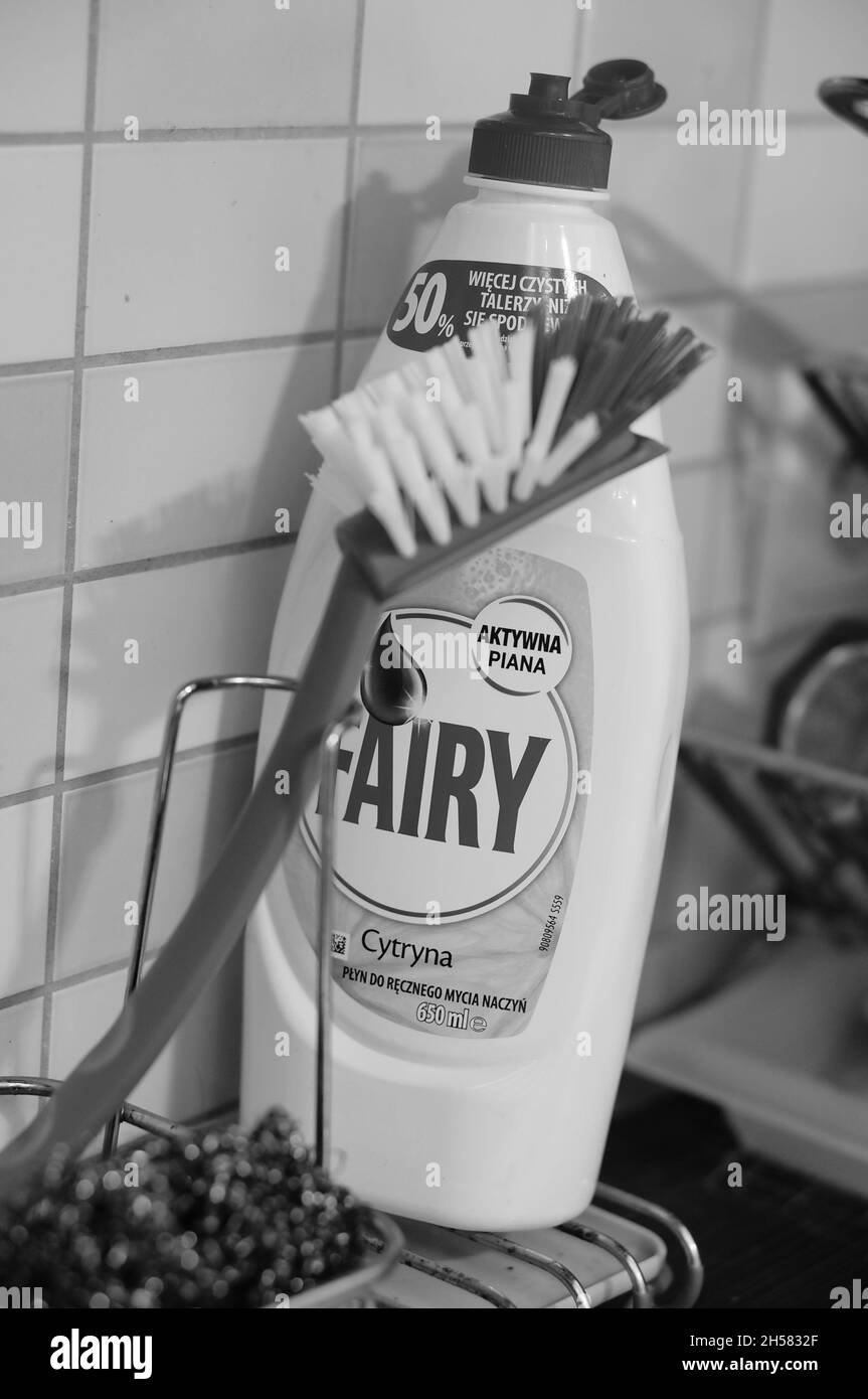 POZNAN, POLAND - Mar 28, 2018: A vertical shot of a Fairy detergent with lemon next to a plastic brush in grayscale Stock Photo