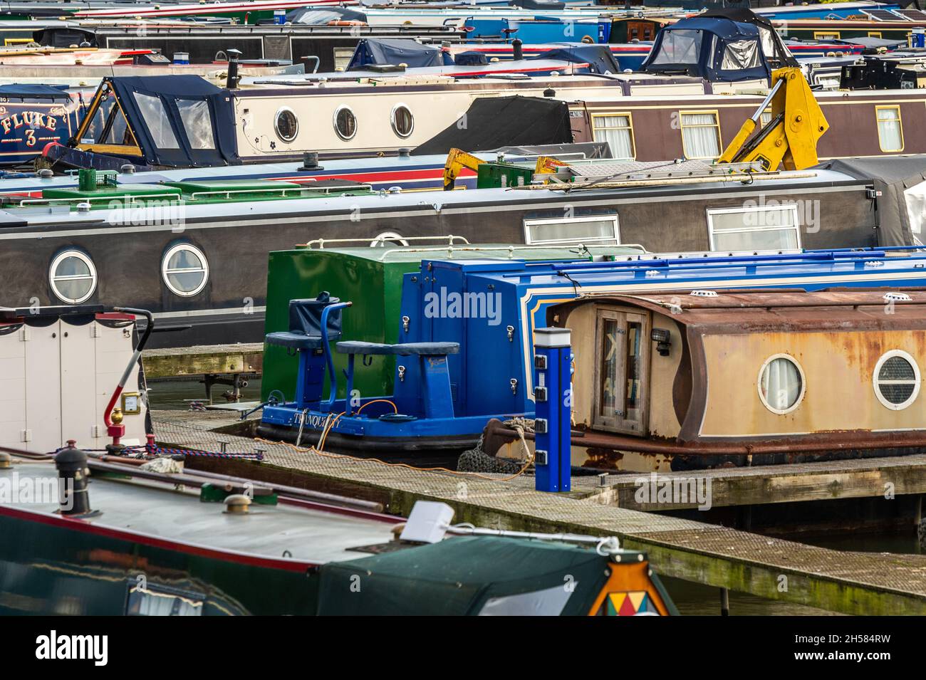 Canal boats moored in the Marina at Braunston, Northamptonshire, UK. Stock Photo