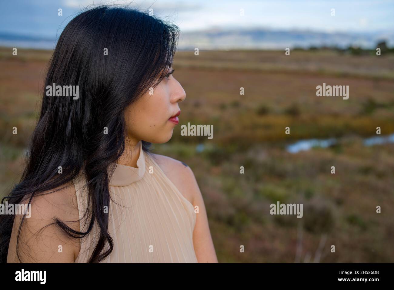 Young Asian Woman in a Beige Dress Walking in the Marshlands Stock Photo