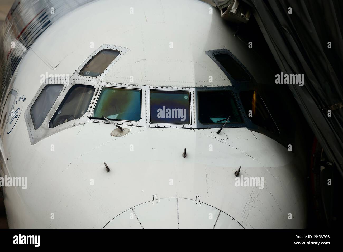 A close-up view of the front of a 747 airplane Stock Photo