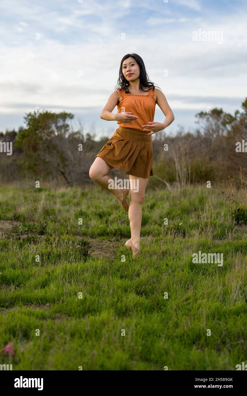 Woman in a Dress Doing Ballet Poses in the Marshlands Stock Photo