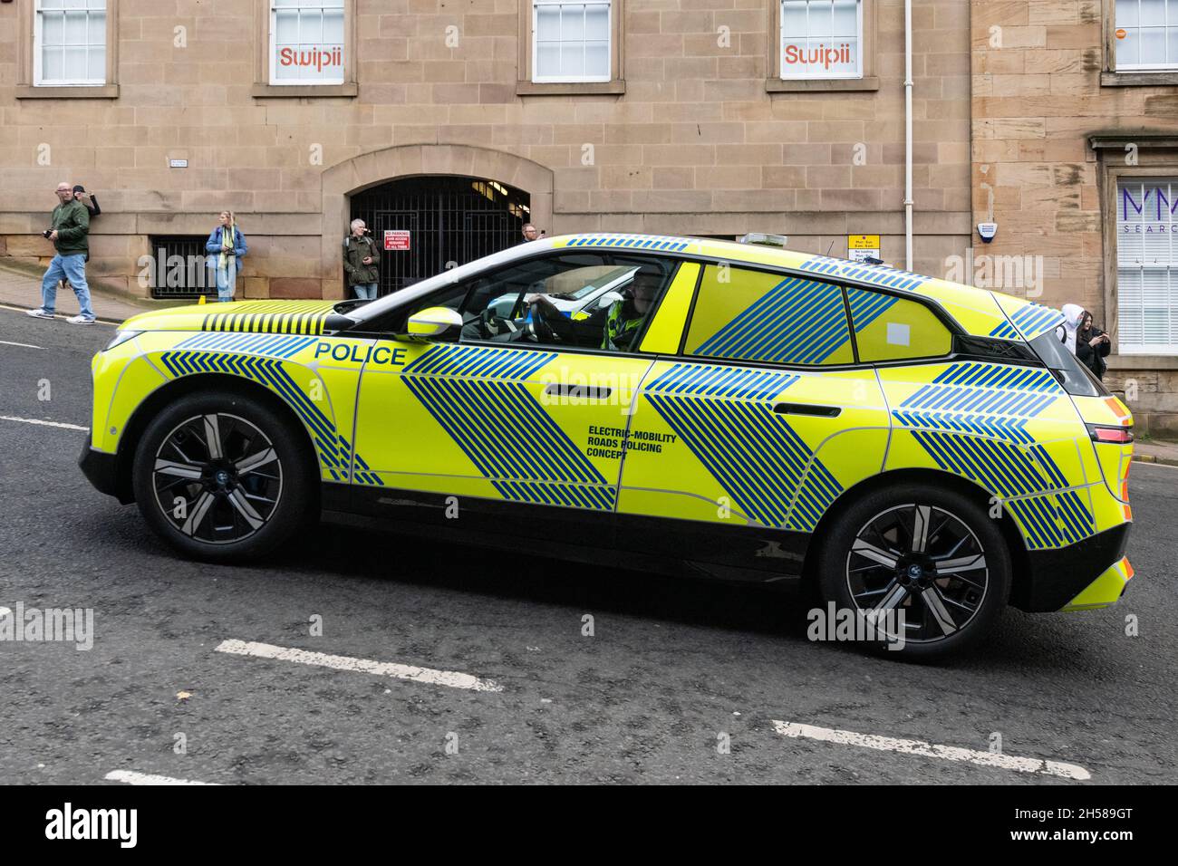 Electric-Mobility Roads Policing concept car in use at COP26 UN Climate Change Conference, Glasgow, Scotland, UK Stock Photo