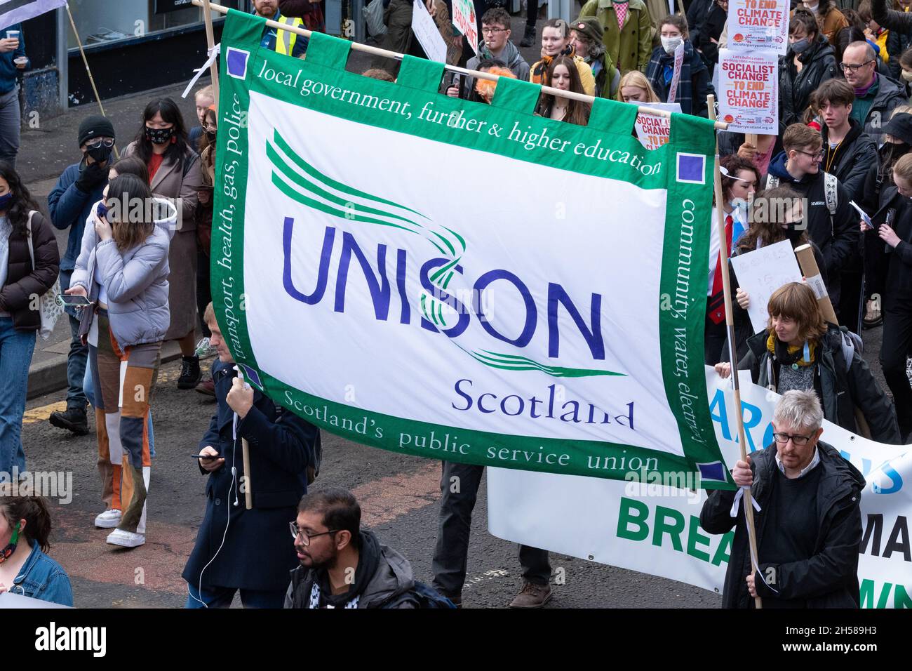 UNISON Scotland banner during Fridays For Future march on 5 November 2021 through Glasgow during COP26, Glasgow, Scotland,UK Stock Photo