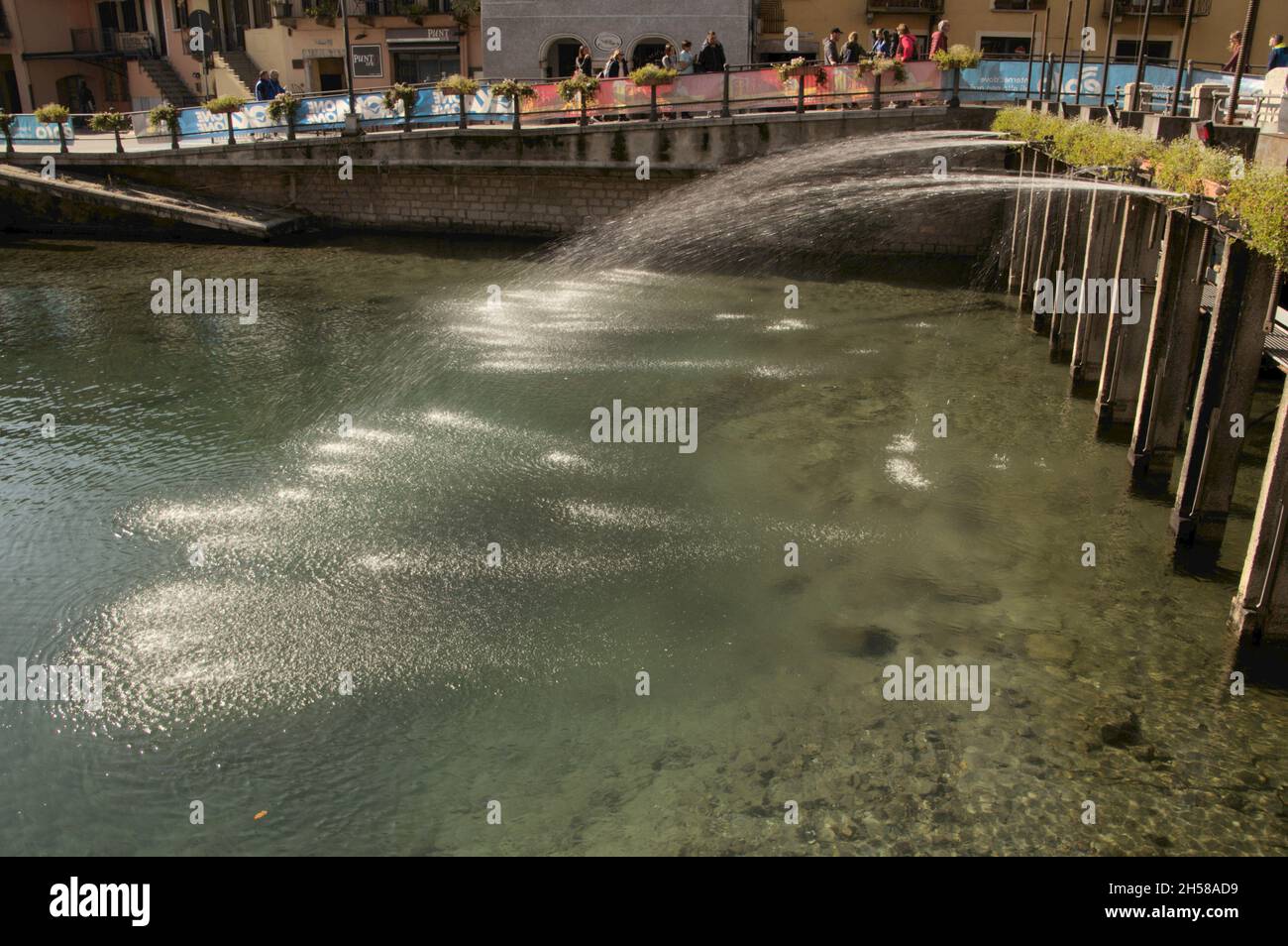 Lakefront at Omegna, Lago d'Orta, showing fountains Stock Photo - Alamy