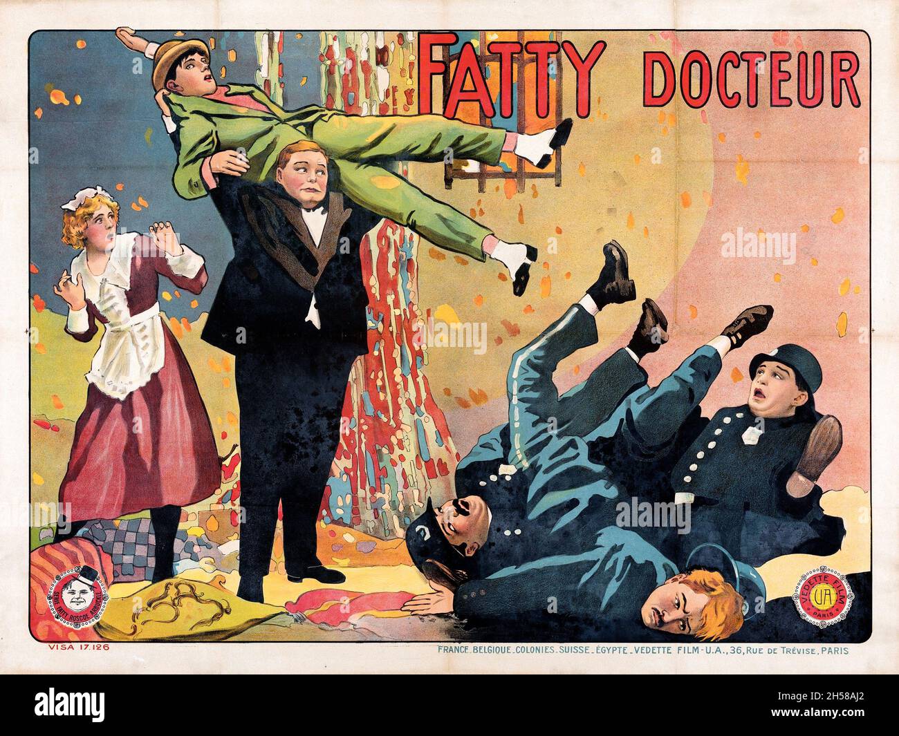 Old and vintage movie / film poster: Oh Doctor! (Paramount, 1917). Horizontal French Grande feat Roscoe ”Fatty” Arbuckle - 'Docteur' Stock Photo