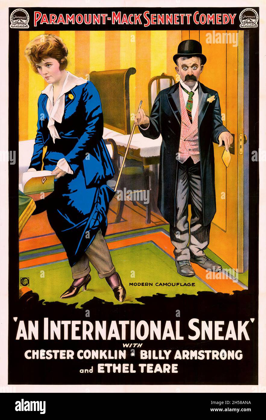 Old and vintage movie / film poster for the 1917 film An International Sneak with Chester Conklin, Billy Armstrong and Ethel Teare. Stock Photo
