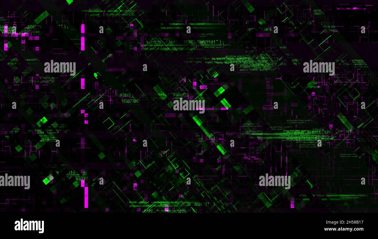 Technology glitch background with Hello World text, magenta and green glitchy block elements Stock Photo