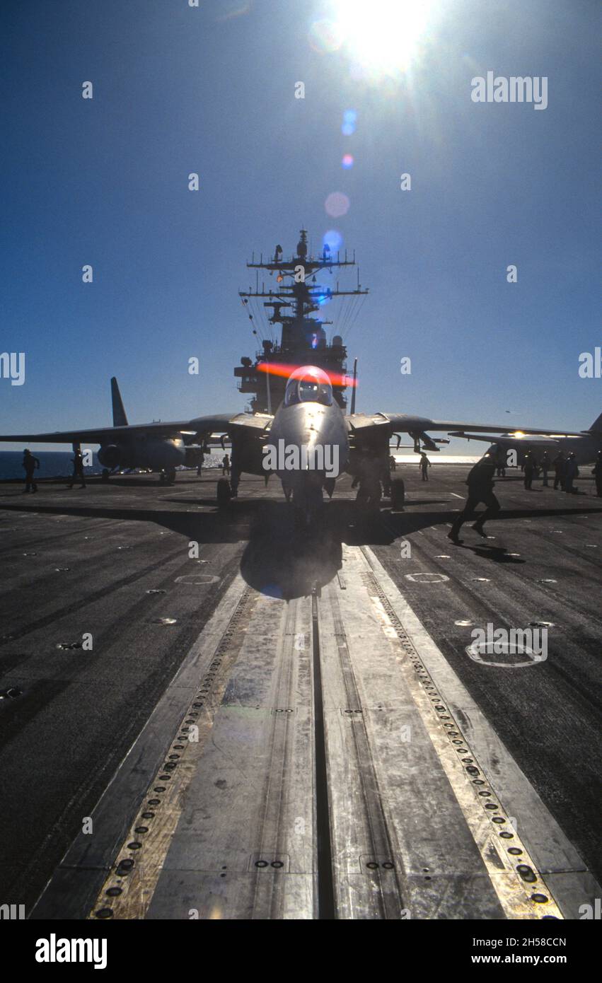 F-14 ready for takeoff on number 1 catapult, USS Ranger. Stock Photo