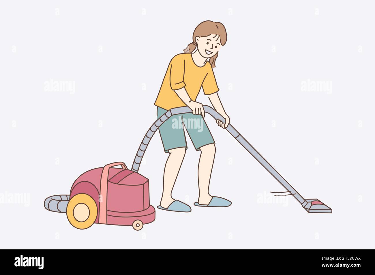Vacuum cleaning and housework concept. Smiling girl cartoon character