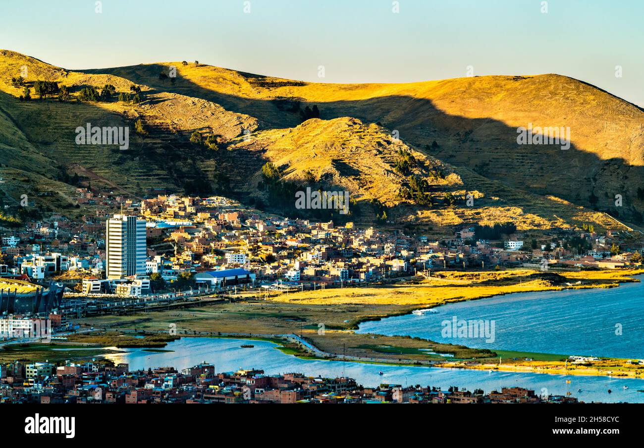 View of Puno with Lake Titicaca in Peru Stock Photo