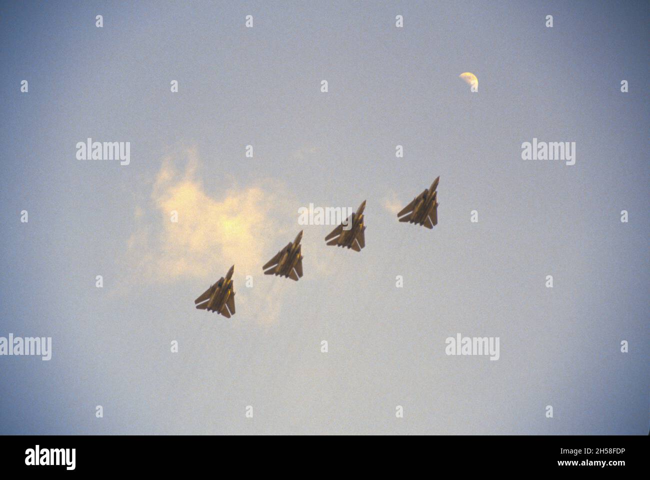 F-14 Tomcat four-ship formation set up for carrier break at NAS Miramar, San Diego, California. Stock Photo