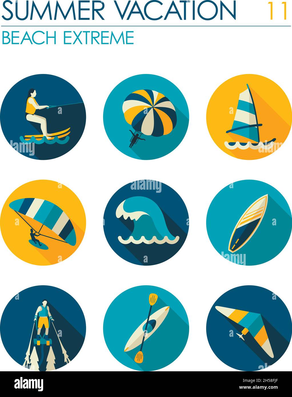 Extreme Water Sport beach vector flat icon set. Summer time. Vacation ...