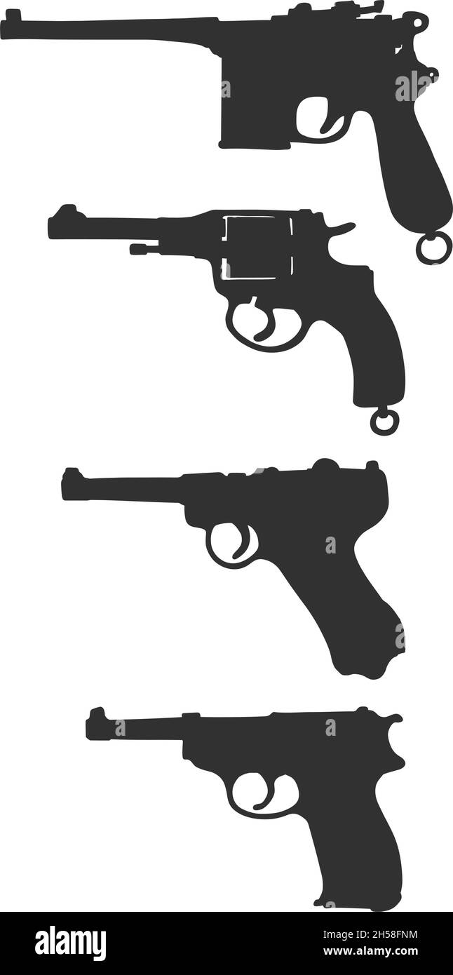 The four black silhouettes of vintage handguns Stock Vector